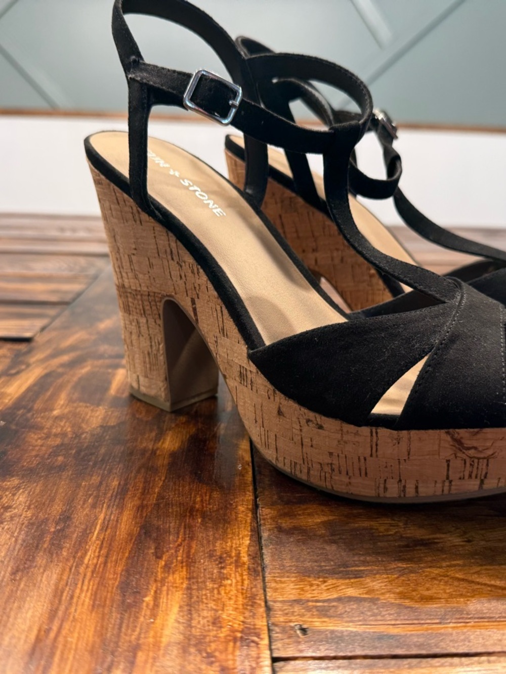 Sun + Stone Black Cork Platform Heeled Sandals 10